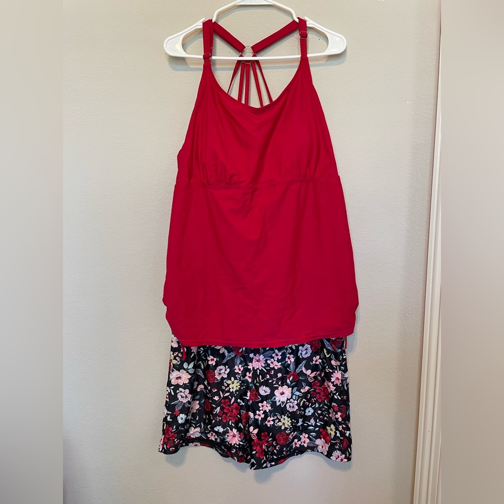 Red Halter Top with Floral swim shorts.